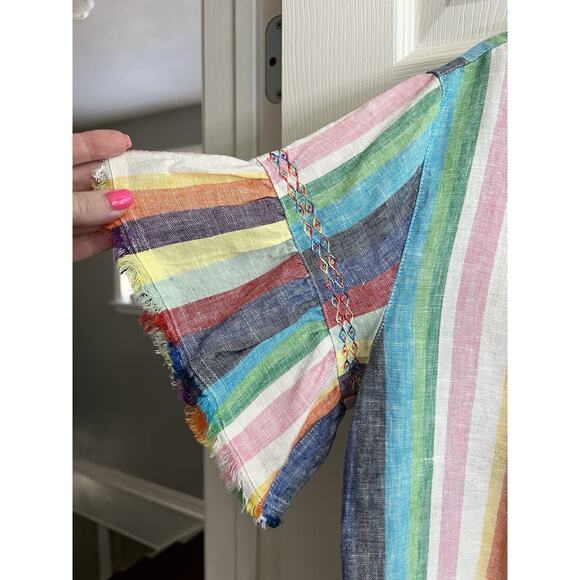 JOHN MARK Rainbow Striped 100% Linen Embroidered Raw Hem Blouse Top Sz S - Picture 2 of 11